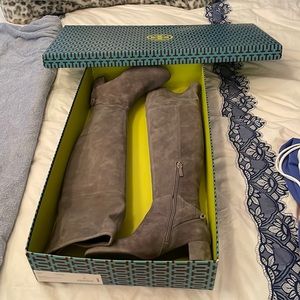 Tory Burch grey suede over the knee boots with gold accents size 8 NEVER WORN